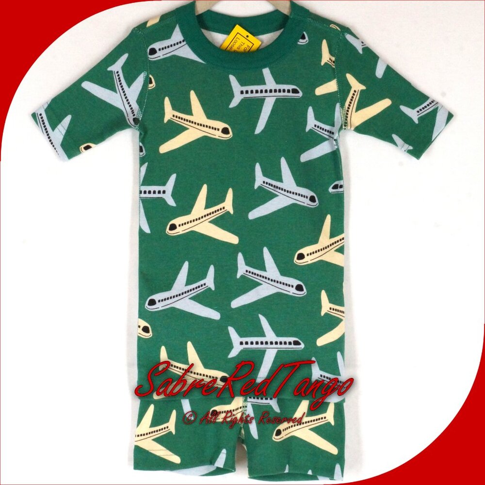 NWT Hanna Andersson Organic Short Johns Pajamas Airplanes Emerald Green 120 6 7